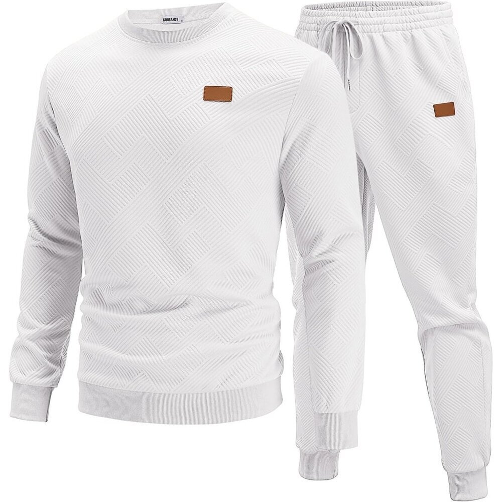 Men's 2 Piece Sweat suit Jogging Suit Set Long Sleeve Jacquard Shirt White